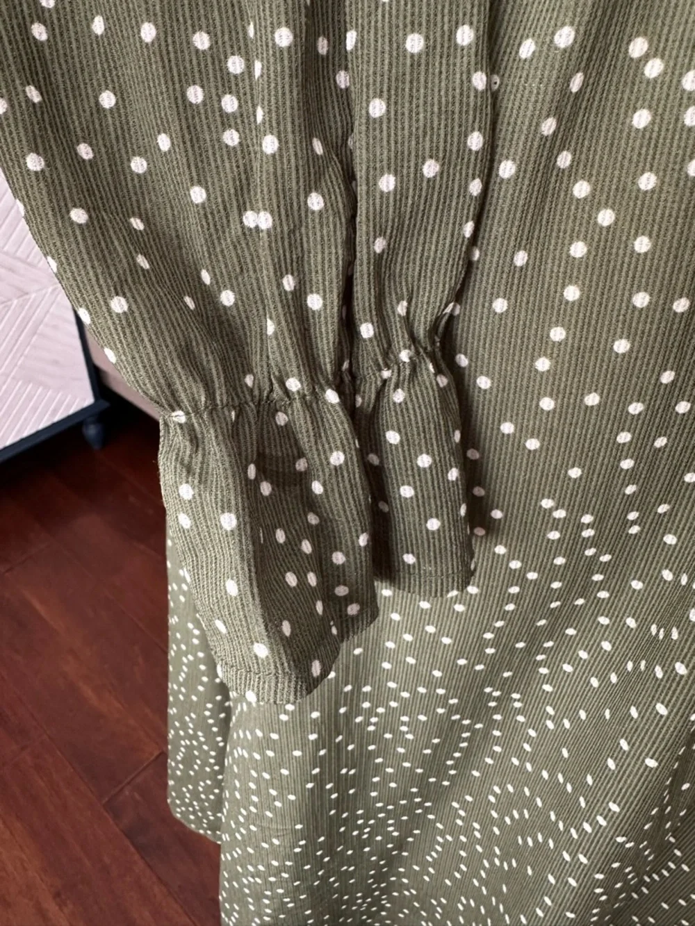 Olive Green Polka Dot Ruffle Tie-Neck Long Sleeve Dress - Picture 4 of 4